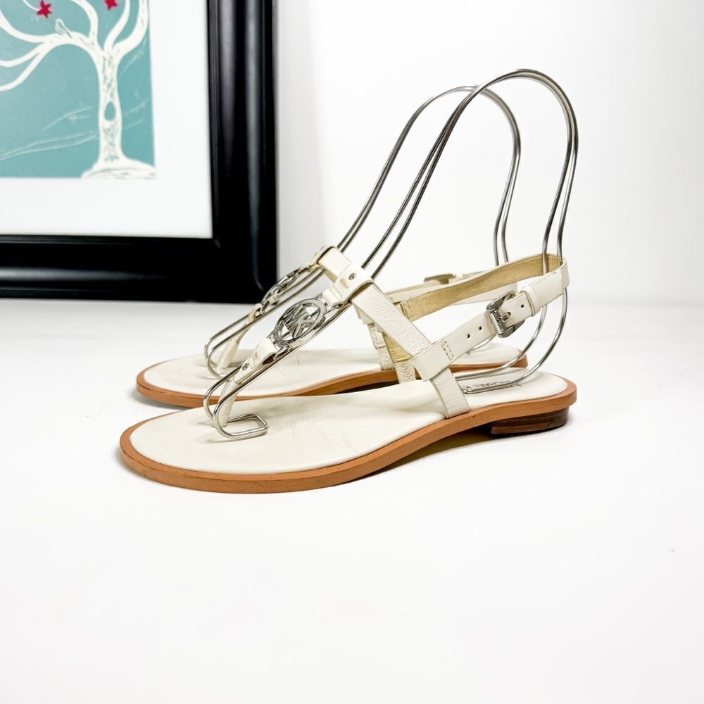 Michael Kors MK Logo T-Strap White Leather Flat Sandals Size 5.5M